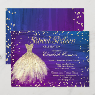 Gold Elegant Dress Diamonds Ombre Sweet 16  Invitation