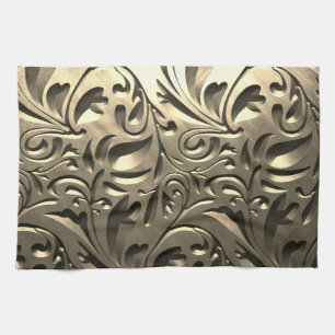 Gold elegant engraved metal look floral abstract kitchen towel