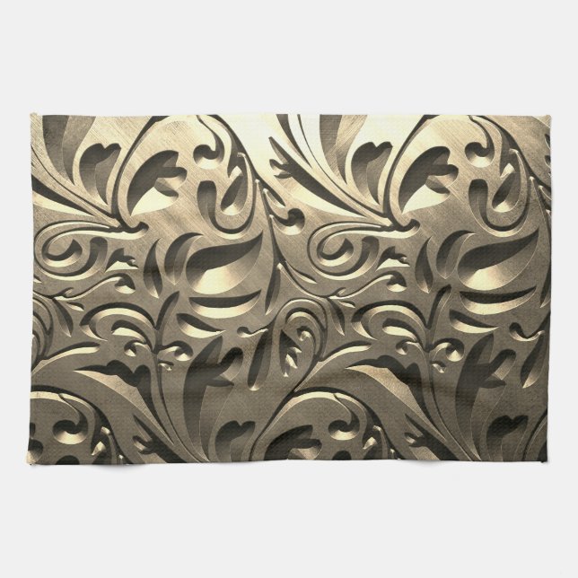 Gold elegant engraved metal look floral abstract kitchen towel (Horizontal)