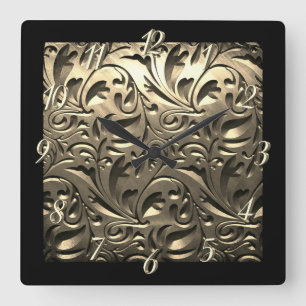 Gold elegant engraved metal look floral abstract square wall clock