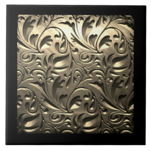 Gold elegant engraved metal look floral abstract tile