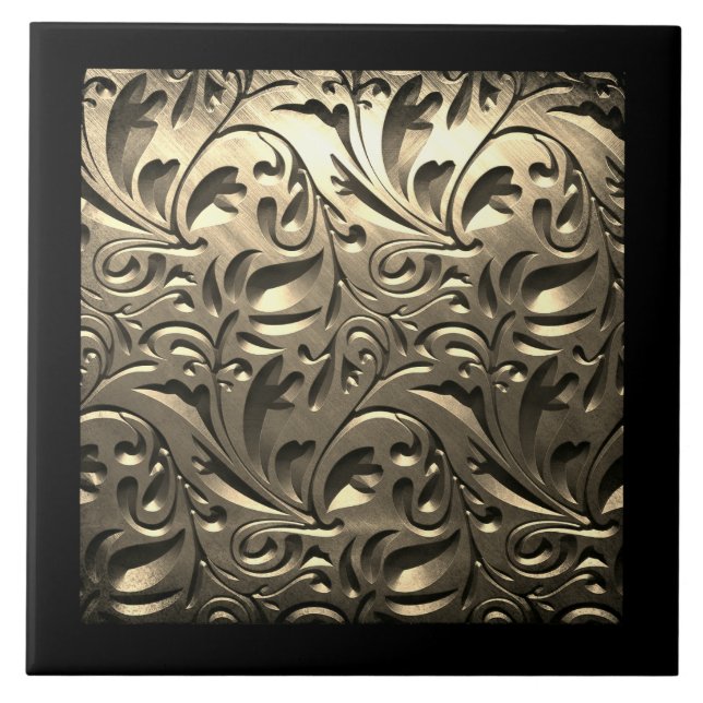 Gold elegant engraved metal look floral abstract tile (Front)