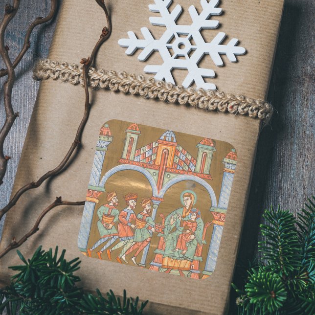 Gold Elegant Epiphany Christmas Nativity Medieval Square Sticker (Gold Elegant Epiphany Three Kings Catholic Christian Christmas Nativity Scene Medieval Gift Sticker)