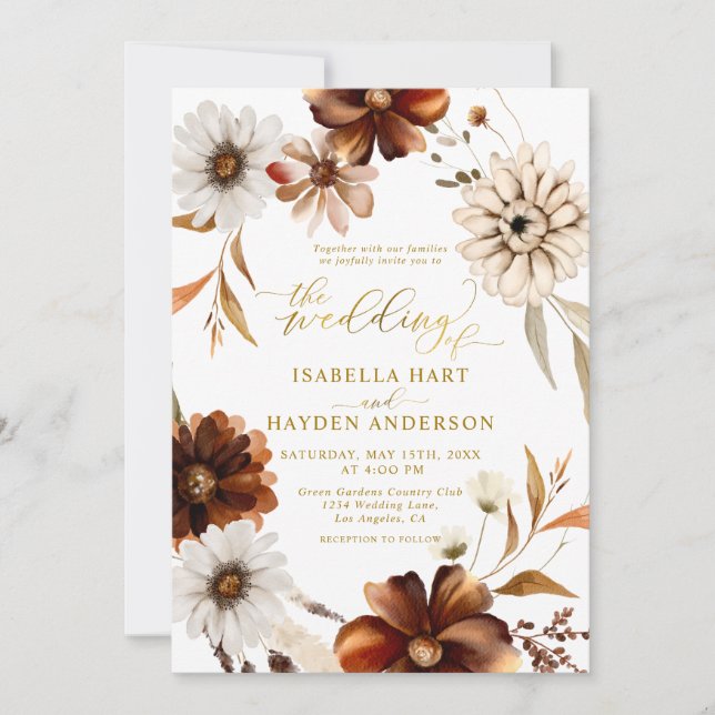 Gold Elegant Fall Boho Terracotta Neutral Wedding Invitation (Front)
