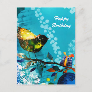 Gold Elegant Happy Songbird Wishes Watercolor Postcard