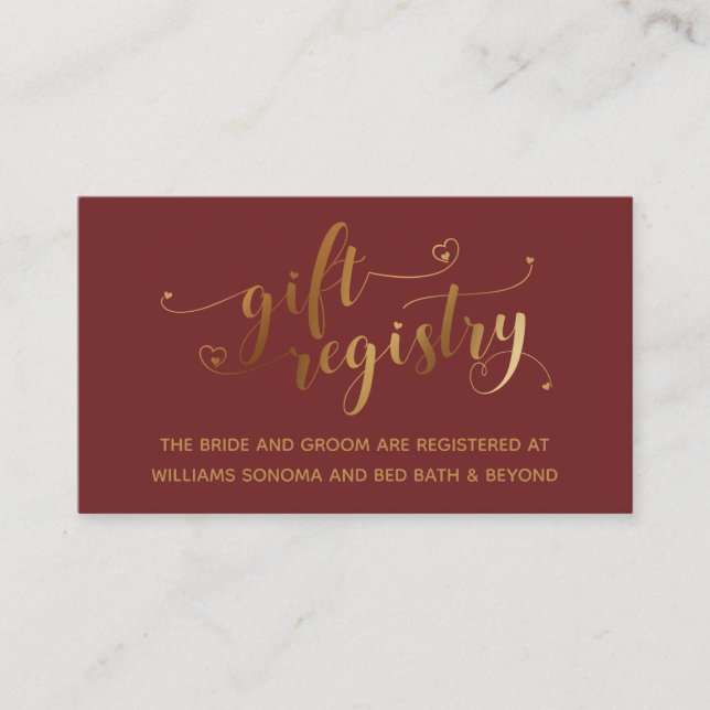 Gold Elegant Hearts Script Burgundy Gift Registry Enclosure Card (Front)