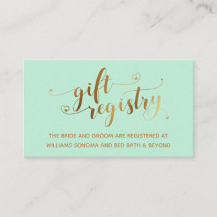Gold Elegant Hearts Script on Mint Gift Registry Enclosure Card