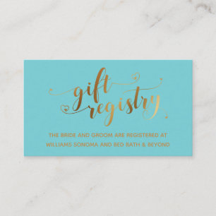 Gold Elegant Hearts Script Turquoise Gift Registry Enclosure Card