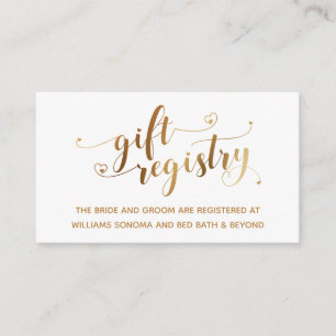 Gold Elegant Hearts Script, White Gift Registry Enclosure Card