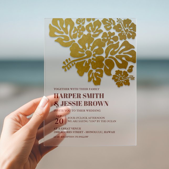 Gold - Elegant Hibiscus Beach Wedding  Acrylic Invitations (Invite your guests to your dream wedding with this ultra stylish beach invitation!)