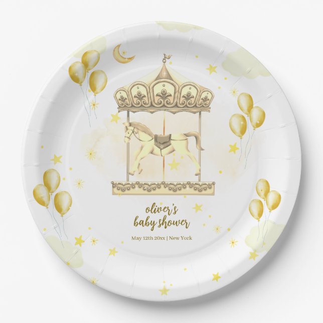 Gold Elegant Magical Balloon Carousel Baby Shower  Paper Plate (Front)
