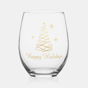 Gold Elegant Merry Christmas Greeting Stemless Wine Glass