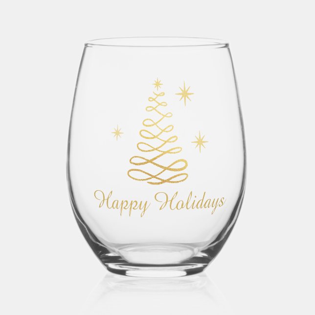 Gold Elegant Merry Christmas Greeting  Stemless Wine Glass (Front)