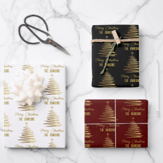 Gold Elegant Merry Christmas Tree Name Wrapping Paper Sheet