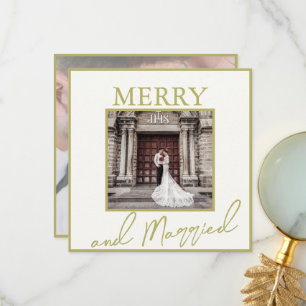 Gold Elegant Merry & Married 2 Photos  Thank You Card