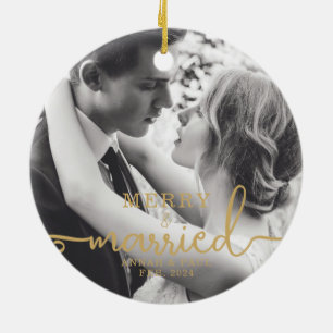 Gold Elegant Merry & Married Christmas Photo Ceramic Ornament