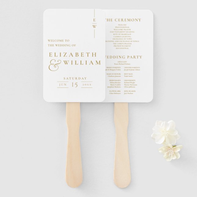 Gold Elegant Minimalist Monogram Wedding Program Hand Fan (Front and Back)