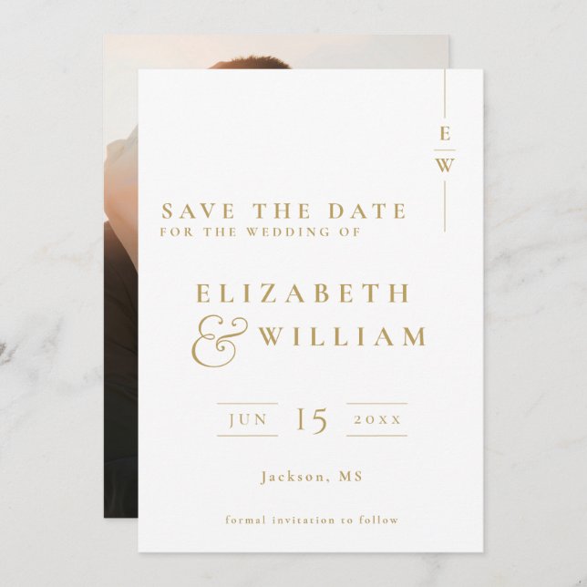 Gold Elegant Modern Monogram Photo Wedding Save The Date (Front/Back)