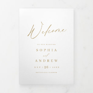 Gold elegant modern script minimalist wedding Tri-Fold programme