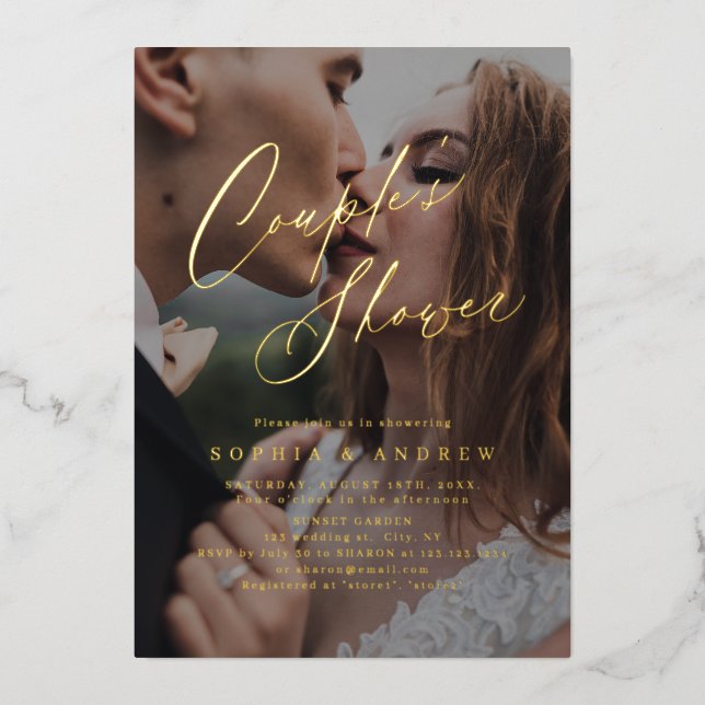 Gold elegant modern script photo couples shower (Front)