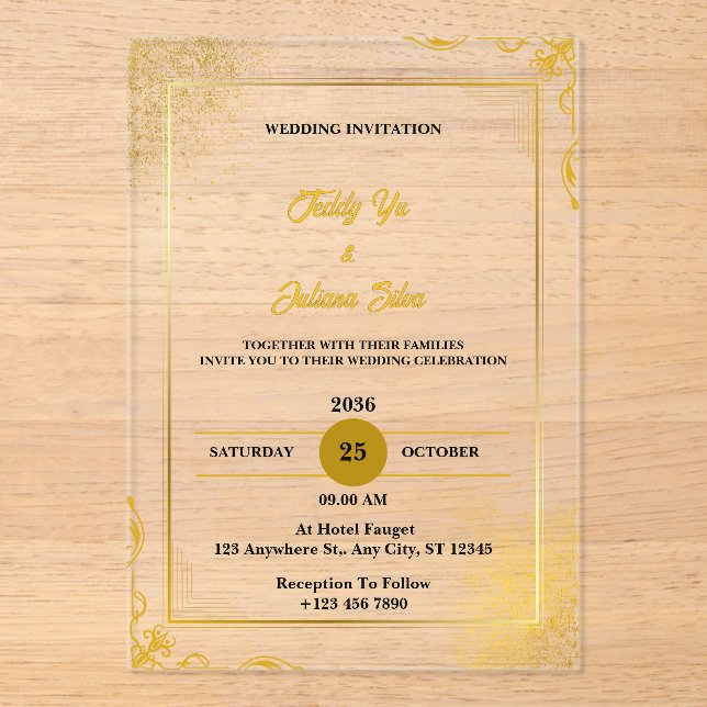 Gold Elegant Moderne Acrylique Invitations de mari (Recto)