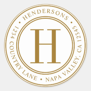 Gold Elegant Monogram Return Address Classic Round Sticker