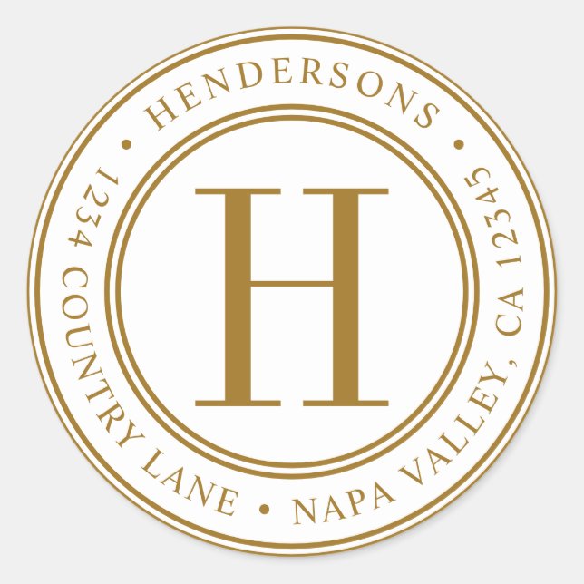 Gold Elegant Monogram Return Address Classic Round Sticker (Front)