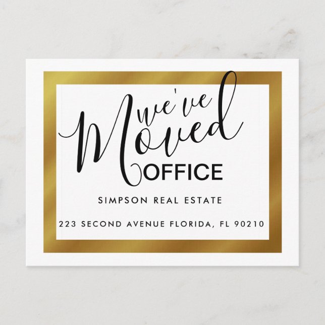 Gold elegant moved office business announcement postcard (Front)