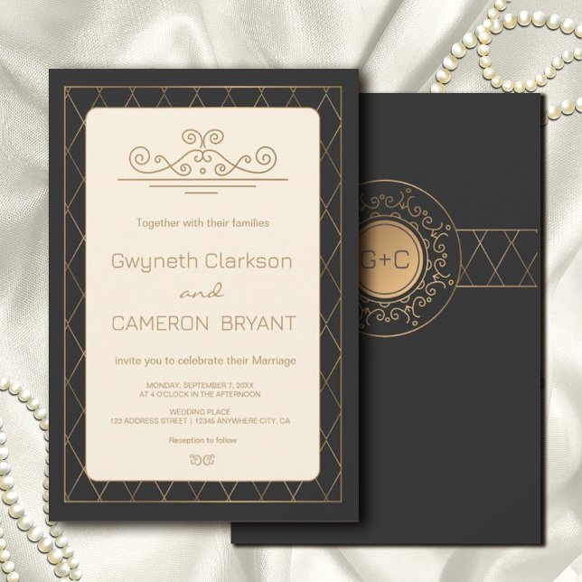 Gold Elegant Ornate Romantic Vintage Wedding Invitation (#zazzlemade #blackandgold #classsicinvitation #partyinvitation #artdecotraditionalinvitation)