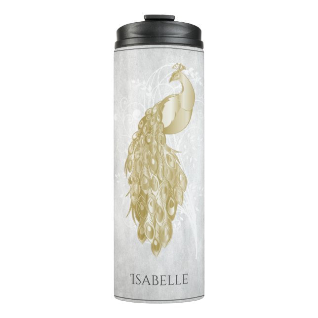 Gold Elegant Peacock Personalized Thermal Tumbler (Front)