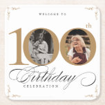 Gold Elegant Photo 100th Birthday Party Square Paper Coaster<br><div class="desc">Gold Elegant Photo 100th Birthday Party Square Paper Coaster. And elegantly designed special birthday celebration,  featuring a custom photo of birthday person and script calligraphy with vintage flourish elements. Simple enough to fit a variety of themes and colours!
Need help? Simply contact me!</div>