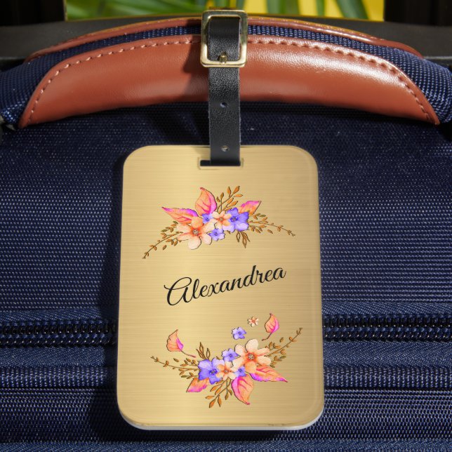 Gold Elegant Purple Floral Personalize  Luggage Tag (Front Insitu 2)