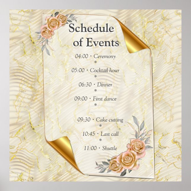 Gold Elegant Ripple Effect & Roses Leaves and Bird Poster (Front)