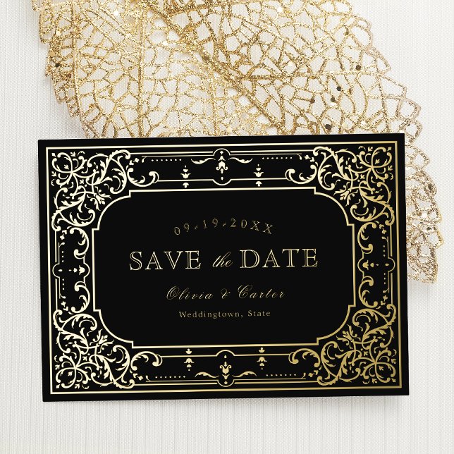 Gold elegant romantic ornate vintage wedding (Black and Gold elegant romantic ornate vintage wedding foil invitation)