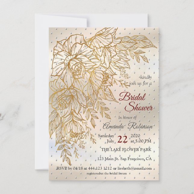 Gold Elegant Rose line drawing Invitation (Front)