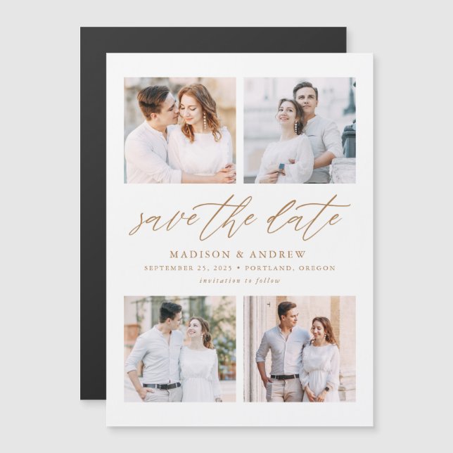 Gold Elegant Script 4 Photo Collage Save The Date Magnetic Invitation (Front/Back)