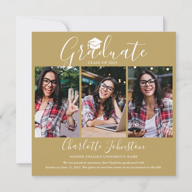 Gold Elegant Script Graduate 4 Photo Graduation An Announcement (Front)