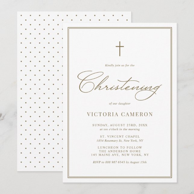 Gold Elegant Script Minimalist Christening Invitation (Front/Back)
