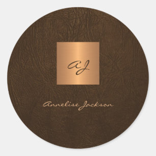 Gold elegant script monogram name leather classic round sticker