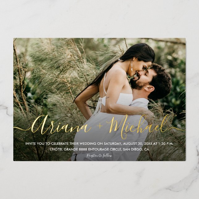 Gold Elegant Script Text overlay Photo Wedding  (Front)