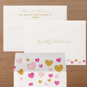 Gold Elegant Script Watercolors Hearts Off White  Envelope