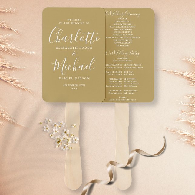 Gold Elegant Script Wedding Program Hand Fan (Creator Uploaded)