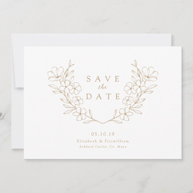 Gold Elegant Simple Cherry Blooming Blossom Wreath Save The Date (Front)