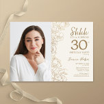 Gold Elegant Surprise Photo 30th Birthday Invitation<br><div class="desc">Floral gold cream surprise 30th birthday party invitation with your photo on the front of the card. Elegant modern design featuring botanical outline drawings accents and typography script font. Simple trendy invite card perfect for a stylish female bday celebration. Can be customized to any age. Printed Zazzle invitations or instant...</div>