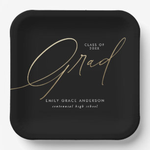 Gold Elegant Trendy Calligraphy Script Graduation Paper Plate