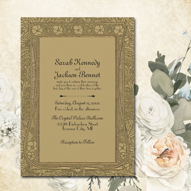 Gold Elegant Vintage Art Nouveau Wedding Invitation (Sophisticated Art Nouveau wedding invitations.  Stylish black script printed on a golden background)