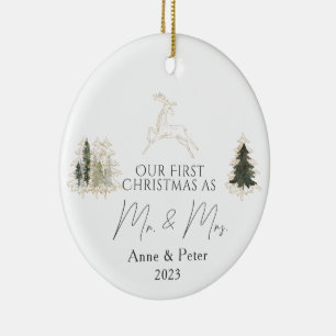 Gold Elegant Watercolor First Christmas Married Ceramic Ornament