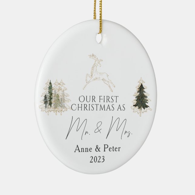 Gold Elegant Watercolor First Christmas Married Ceramic Ornament (Right)