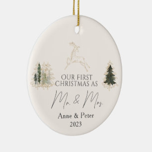 Gold Elegant Watercolor First Christmas Married Ceramic Ornament