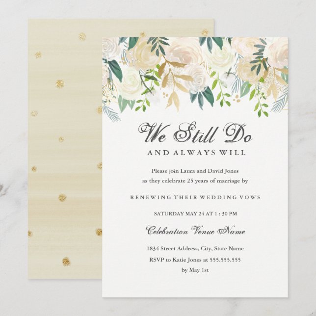 Gold Elegant Watercolor Floral Vow Renewal Invitation (Front/Back)